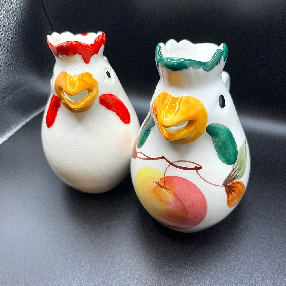 PAIR Chicken Rooster Pitcher - ITALY Hand-Painted Green & Red couple